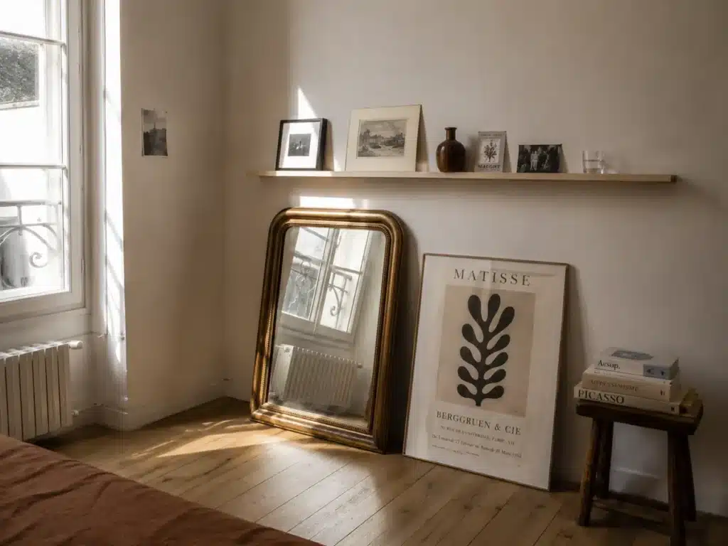 Accessoires (cadres, miroir) à accrocher au mur pour l'habiller mais qui sont posé au sol (parquet) d'un appartement