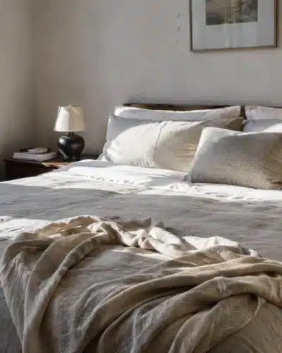 Chambre cosy avec un lit ayant des draps en lin