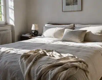 Chambre cosy avec un lit ayant des draps en lin