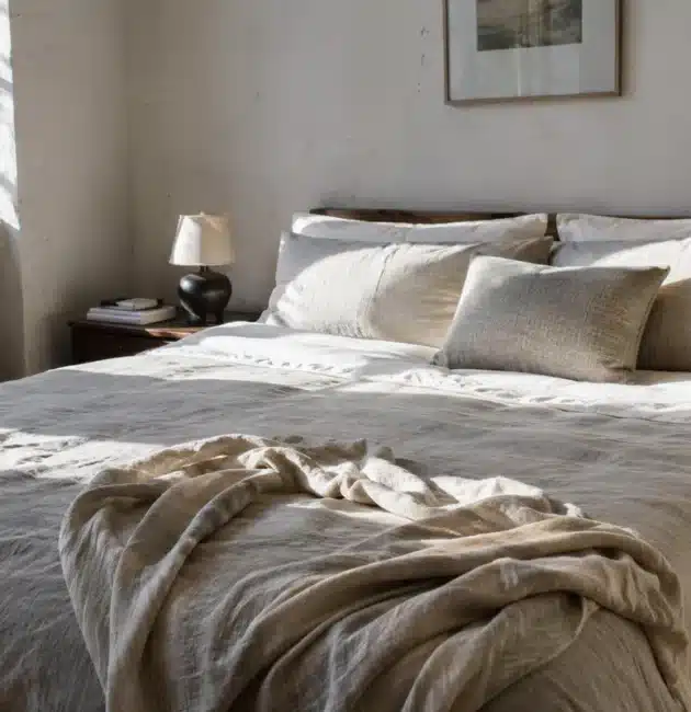 Chambre cosy avec un lit ayant des draps en lin