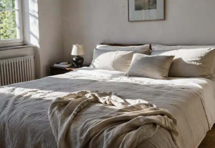 Chambre cosy avec un lit ayant des draps en lin