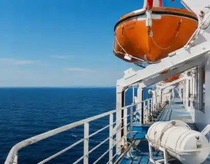 Pont d'un ferry avec un canot de sauvetage