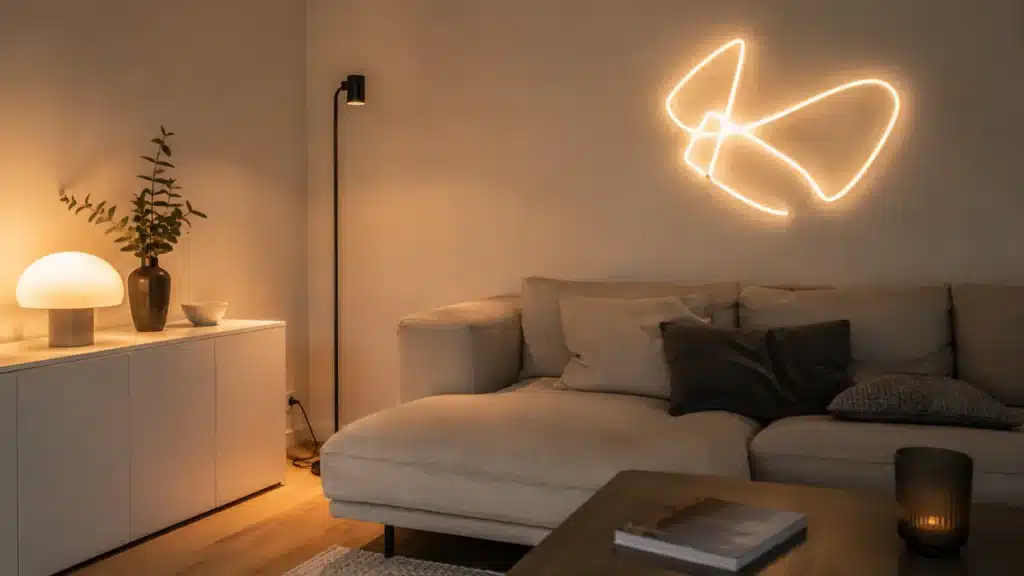 Salon moderne avec un néon au dessus du canapé