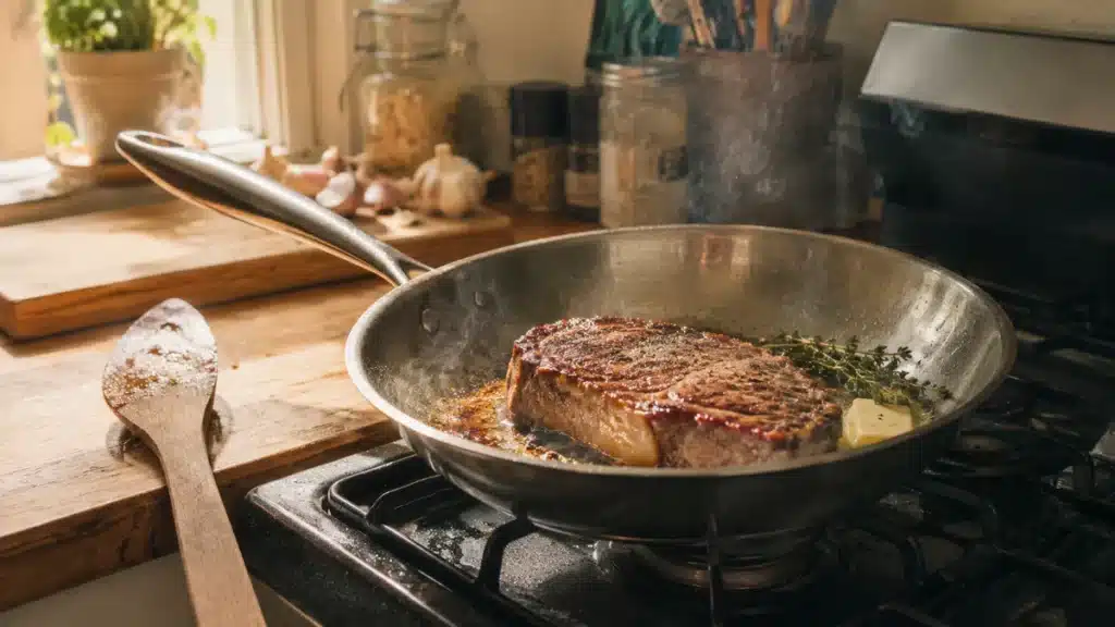 poêle en inox sur une plaque de cuisson pendant une saisi